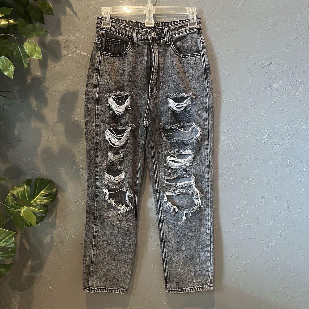 SHEIN Black Acid Wash Distressed Ripped Boyfriend Jeans Size 2 XS Straight Leg